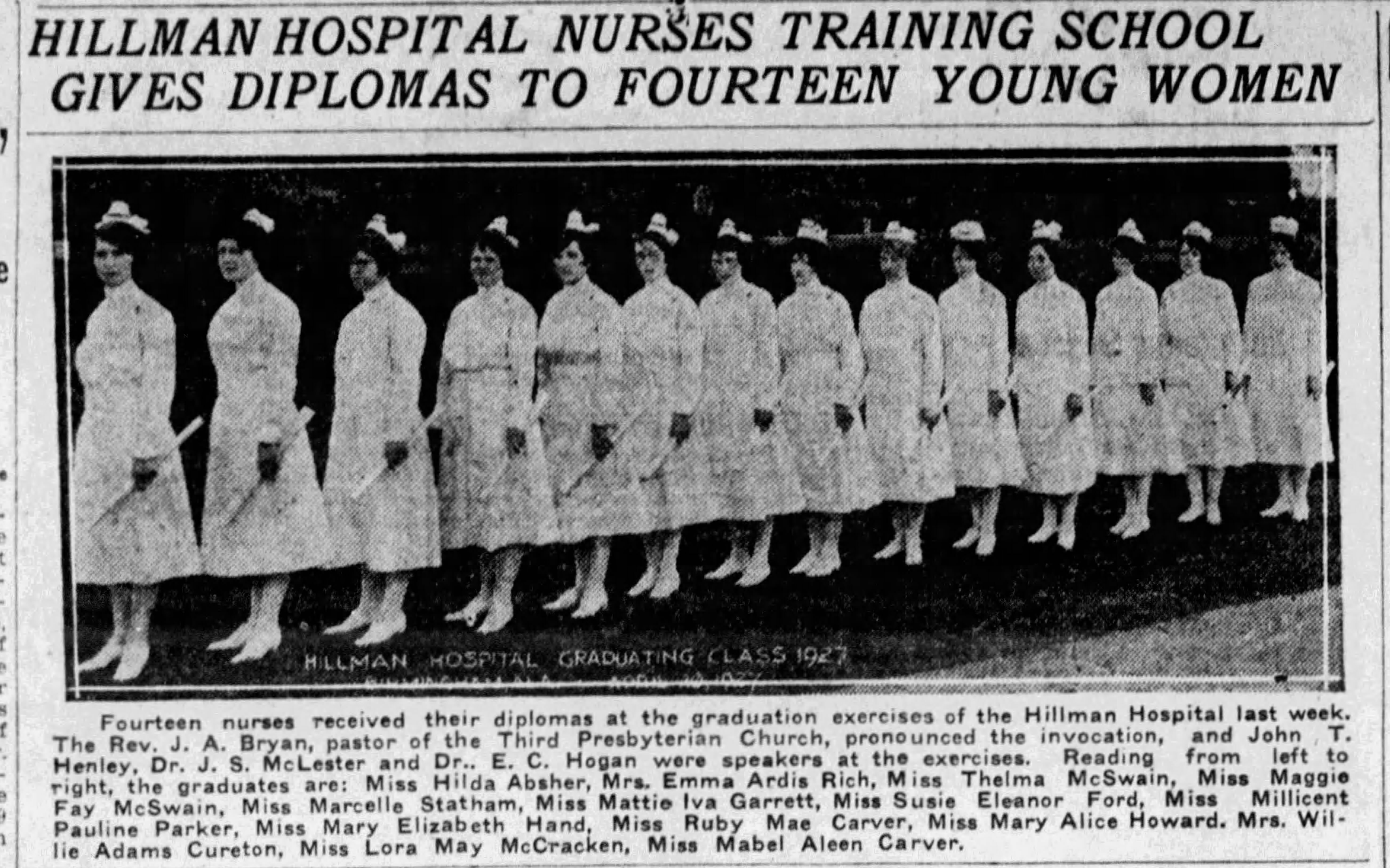 Hillman Hospital Nurses Training School Gives Diplomas To Fourteen Young Women